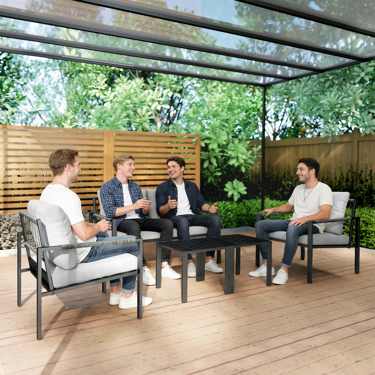 GARTENMÖBEL SET DE-06590, 2er Sofa, 2 Sessel, Sitzkissen, Beistelltisch Hellgrau - Hellgrau, Textil/Metall - ComfortXL