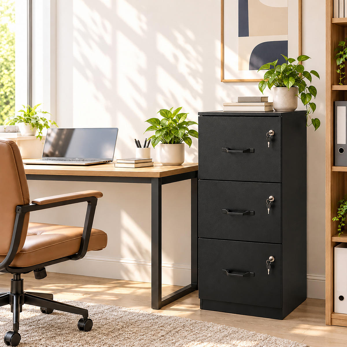 AKTENSCHRANK Schwarz 3 Schubladen abschließbar Hängeregister - Schwarz, Holzwerkstoff/Metall (41/110/40cm) - Relaxdays