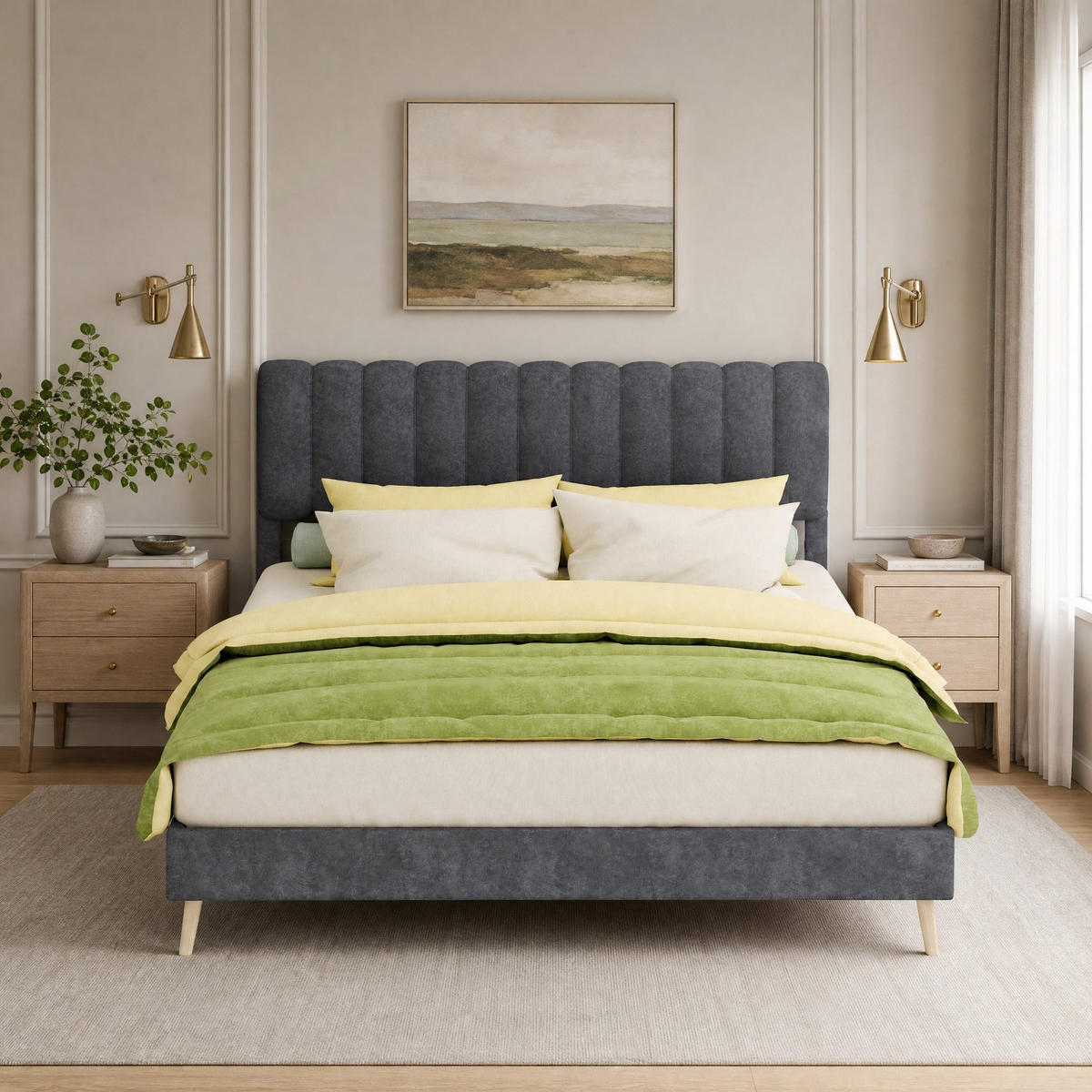 BETT mit gepolstertem Kopfteil 160x200 cm Samt Grau - Grau, Metall (160/200cm) - Meubliv