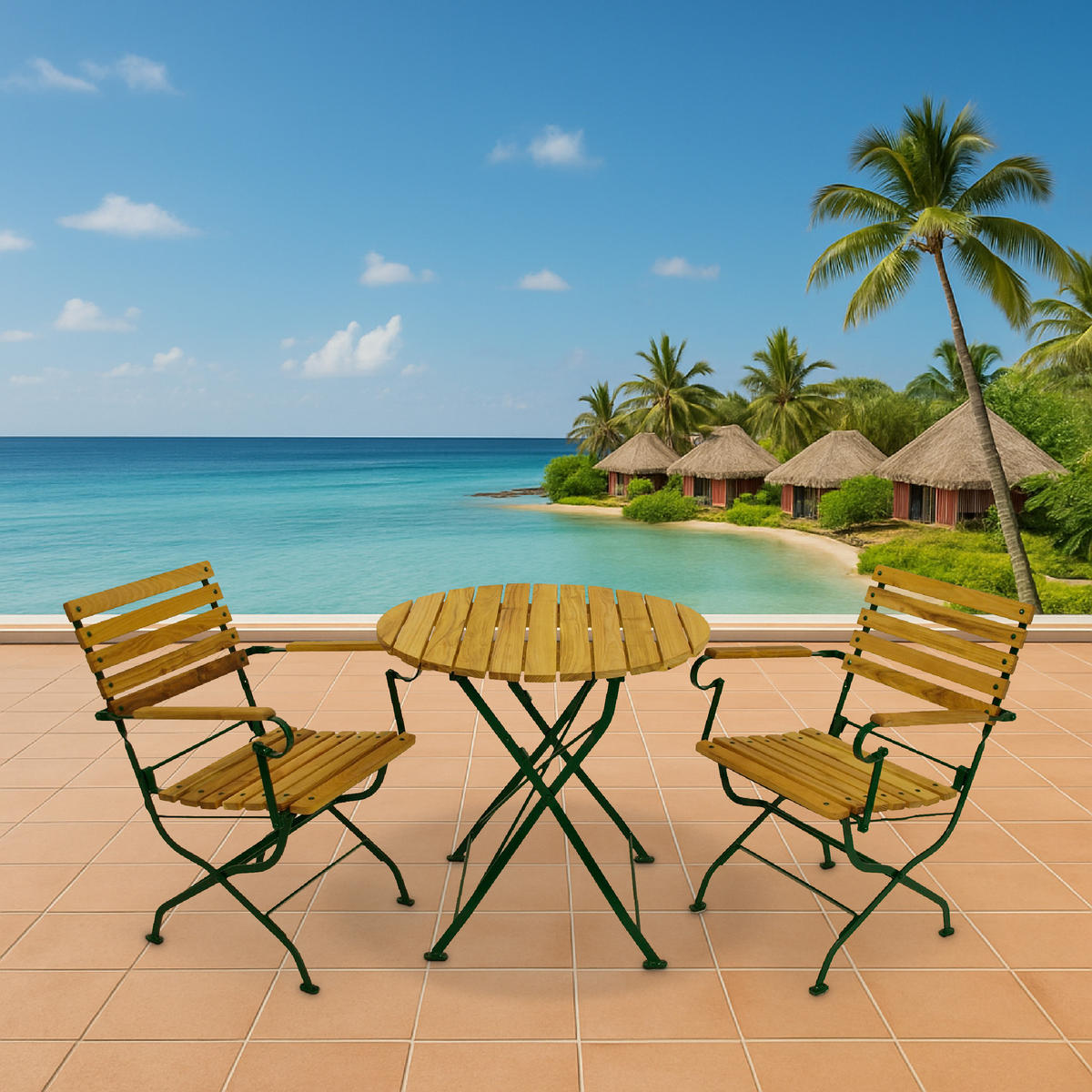 SITZGRUPPE Bad Belzig 3-teilig, Gartenset für 2 Personen - GartenSitzgruppe - Flachstahl - Robinienholz dunkelgrün - Grün, Holz - TPFGarden