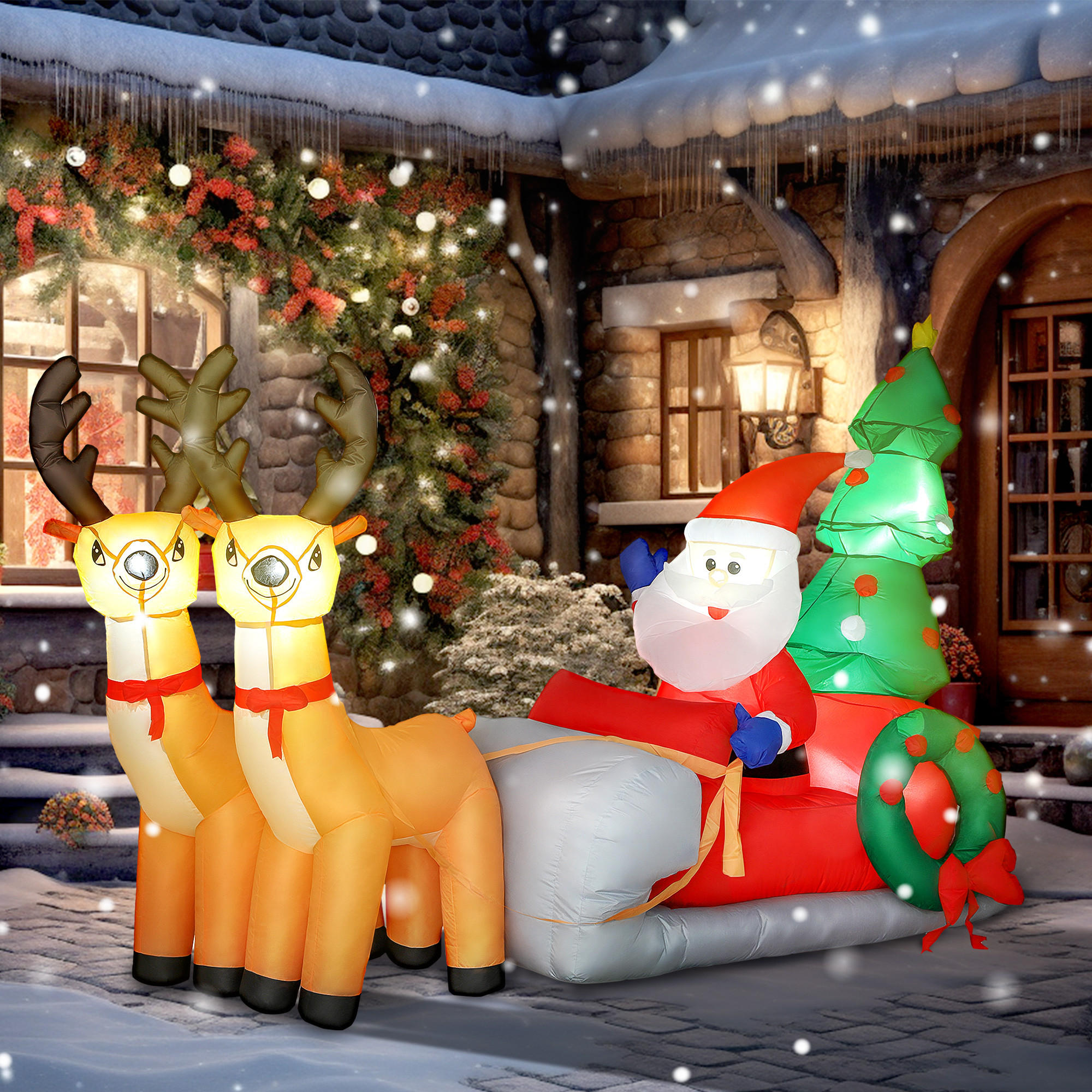 216 cm Aufblasbarer Weihnachtsmann auf Schlitten mit 2 Rentier mit LED-Lichtern - Multicolor, Textil (90/150/216cm) - Outsunny