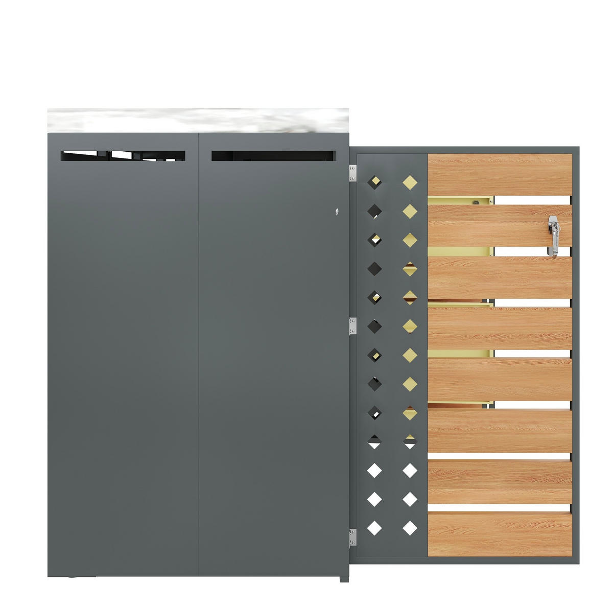 MÜLLTONNENBOX aus verzinktem Stahl in Grau/Holzoptik mit Pflanzkasten & 4 Türen 264x80x124,5 cm - Grau, Metall (264/124.5/80cm) - Modfu