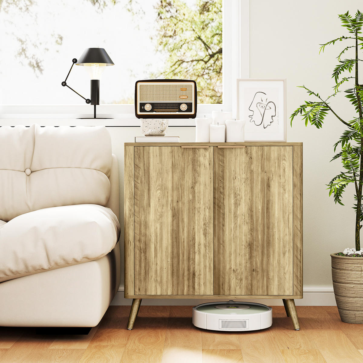 SIDEBOARD DE-11166 Wellen-Design, verstellbare Böden Holzoptik - Eichefarben, Holzwerkstoff (77/81/40cm) - ComfortXL
