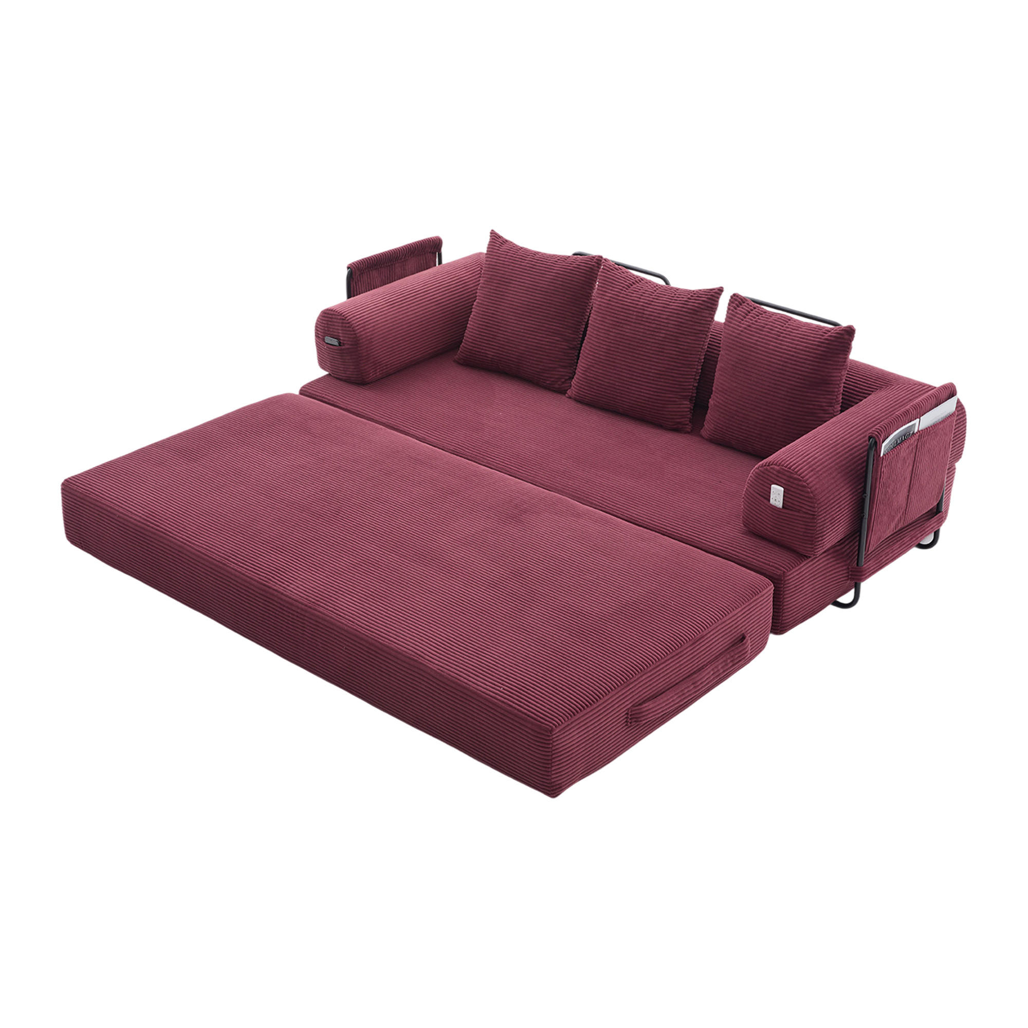SCHLAFSOFA, Modulares Tagesbett mit Metallgestell, Klappbares Bodensofa Cordstoff, Weinrot - Weinrot, Textil (94/67/200cm) - LVHOM