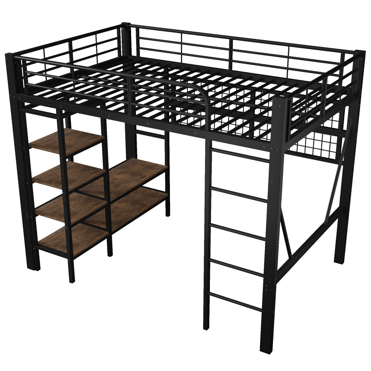 HOCHBETT 140/200 cm aus Metall und MDF mit LED-Lichtleiste Ablagefach und Kleiderstange Schwarz - Schwarz, Metall (140/200cm) - Modenvie