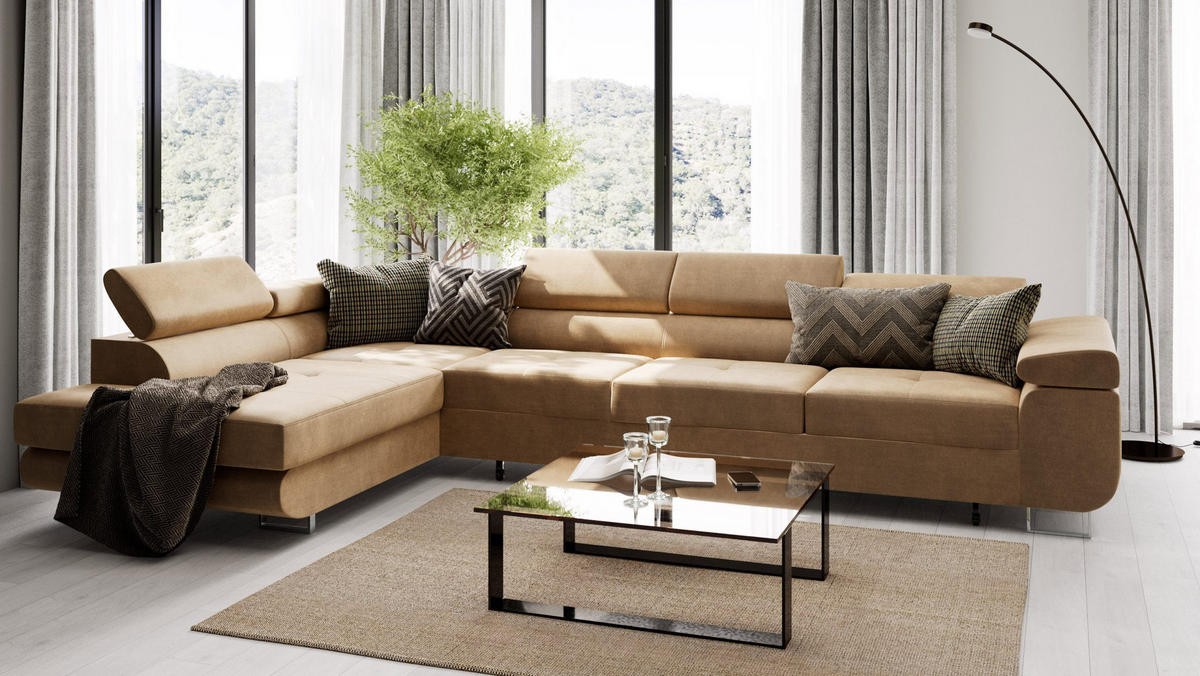 ECKSOFA VEMO NOVA Links Dunkelgrau Velours-Stoff mit Schlaffunktion und Bettkasten - Dunkelgrau, Textil (341/202cm) - Barchello