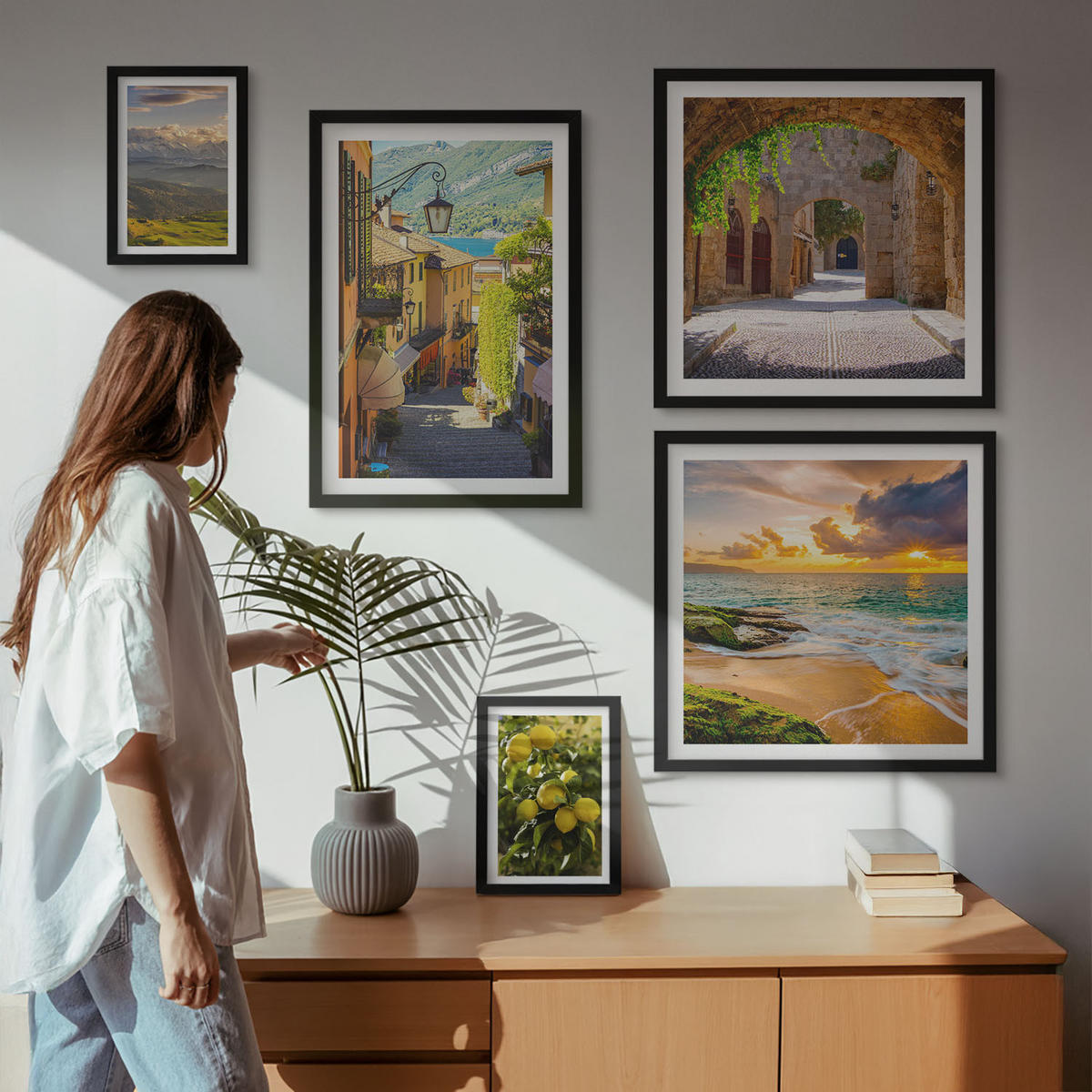 WANDBILDER 5er-Set - 50x50 cm & 20x30 cm & 40x60 cm Schwarzer Rahmen - Malerische Straßen am Meer, Strand - Schwarz, Kunststoff (40/60cm) - ArtPrintCave