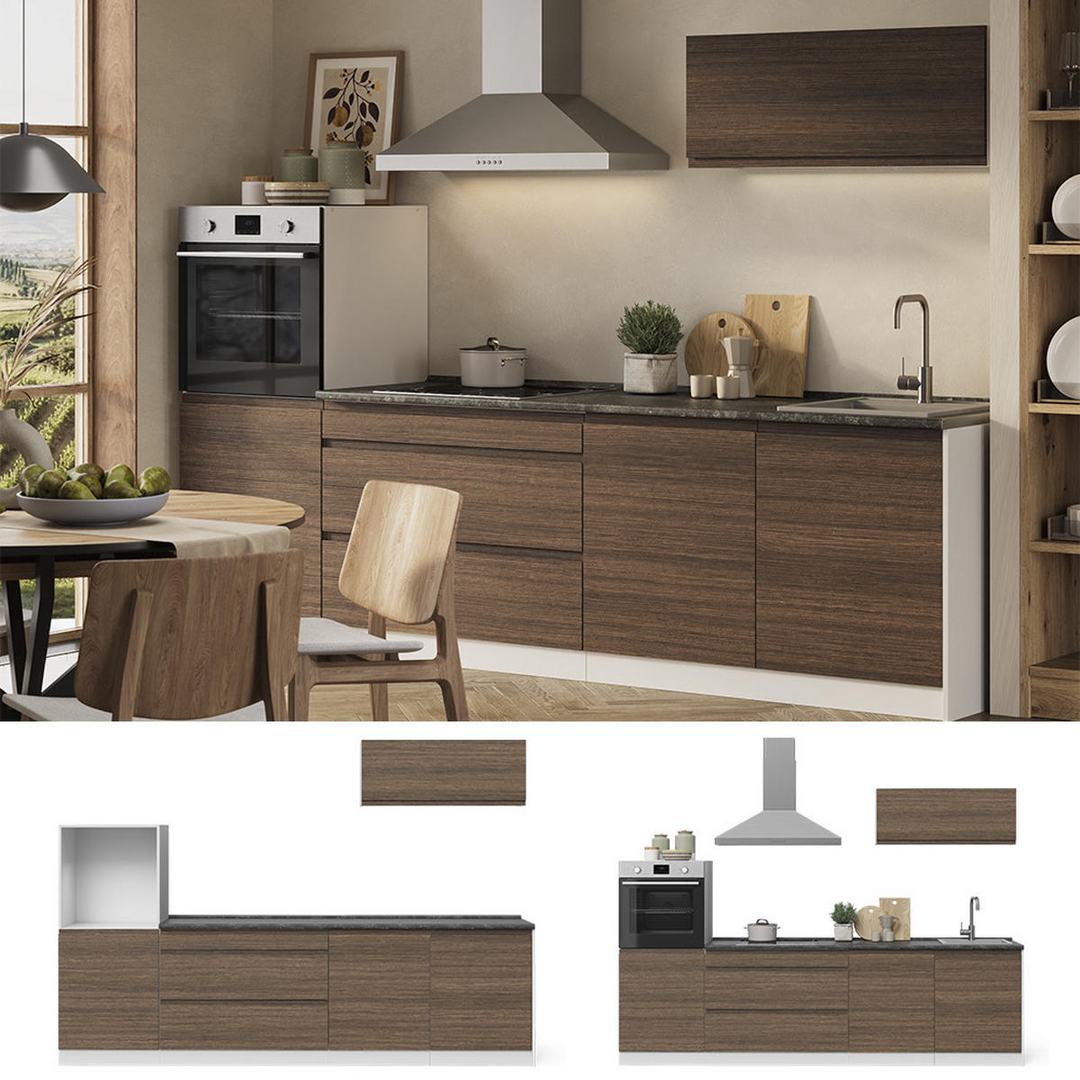 KUHINJSKI BLOK R-Line, Tobak in oreh/Bela, 280 cm delovna plošča Satin - barva oreha/bela, leseni material (280/143/60cm) - Vicco