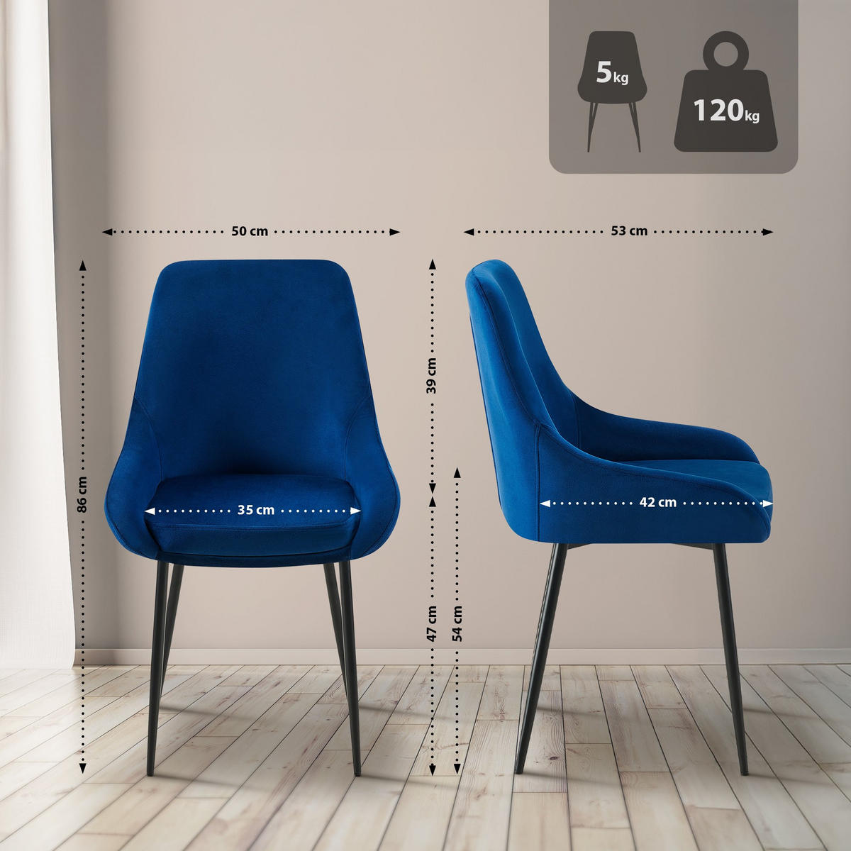STUHL Samt Dunkelblau - Schwarz/Dunkelblau, Textil (50/86/53cm) - CLP