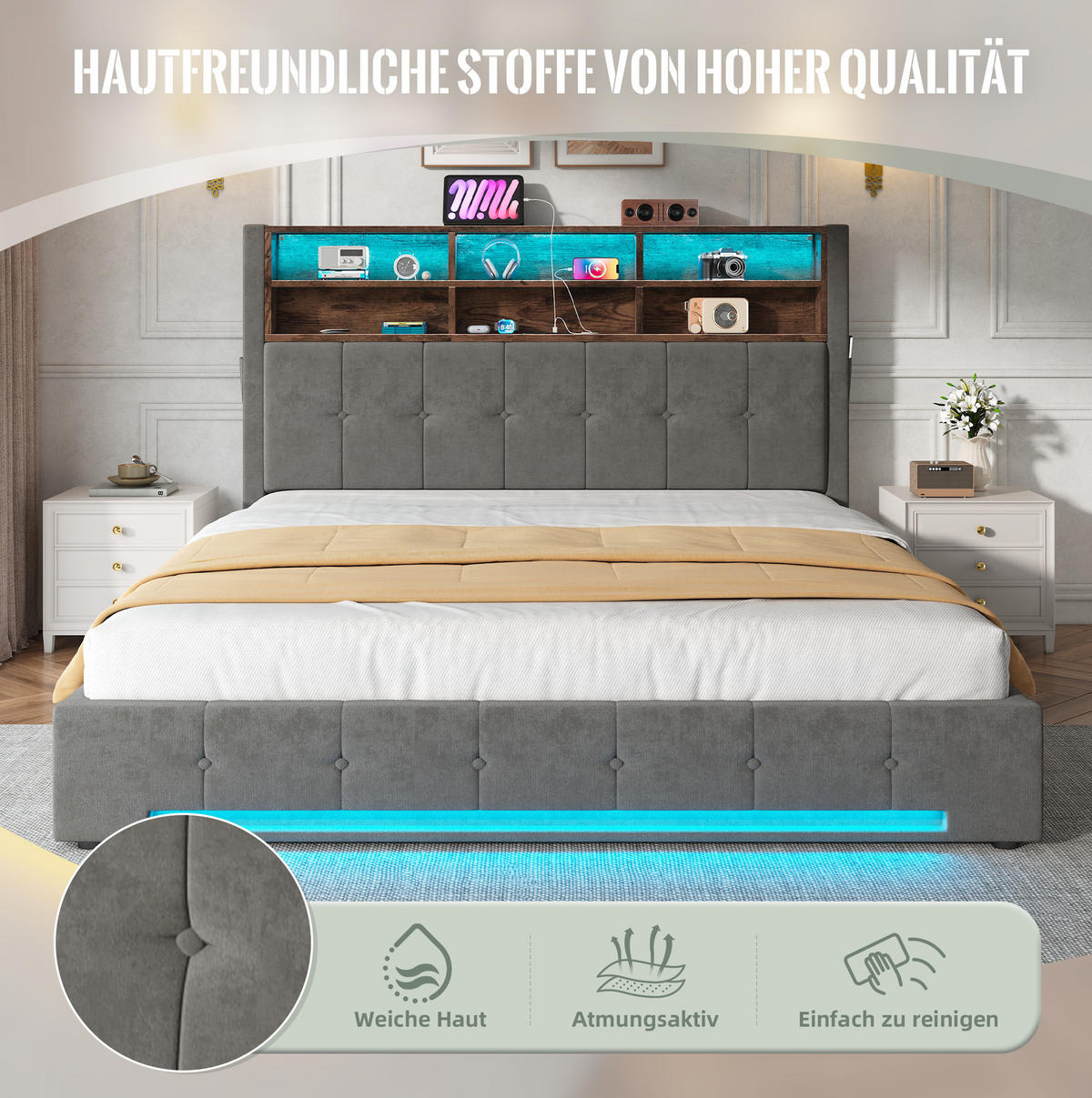 POSTEL 180/200 cm s LED osvětlením, USB-C, úložným prostorem a sametovým čelem s policemi, Tmavě šedá - tmavě šedá, kov (180/200cm) - Redom