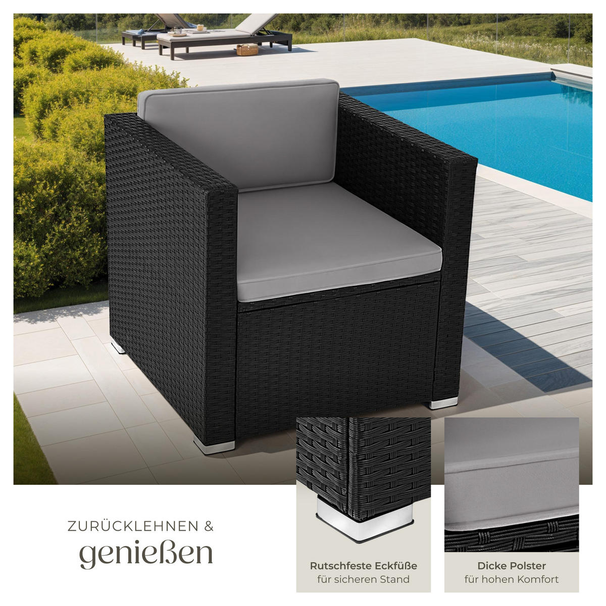RATTANSESSEL Lignano,70 x 69 x 65cm,schwarz - Schwarz, Kunststoff (70/65/69cm) - tectake
