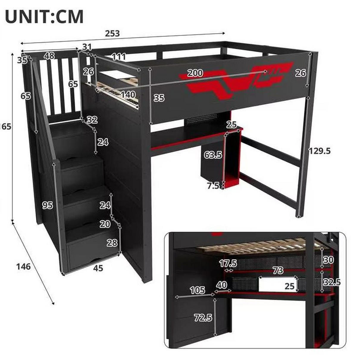 GAMING-HOCHBETT MDF & Sperrholz 140x200 cm Schwarz/Rot mit Schreibtisch, Stauraumtreppe, LED und USB - Schwarz, Holzwerkstoff (140/200cm) - Modfu