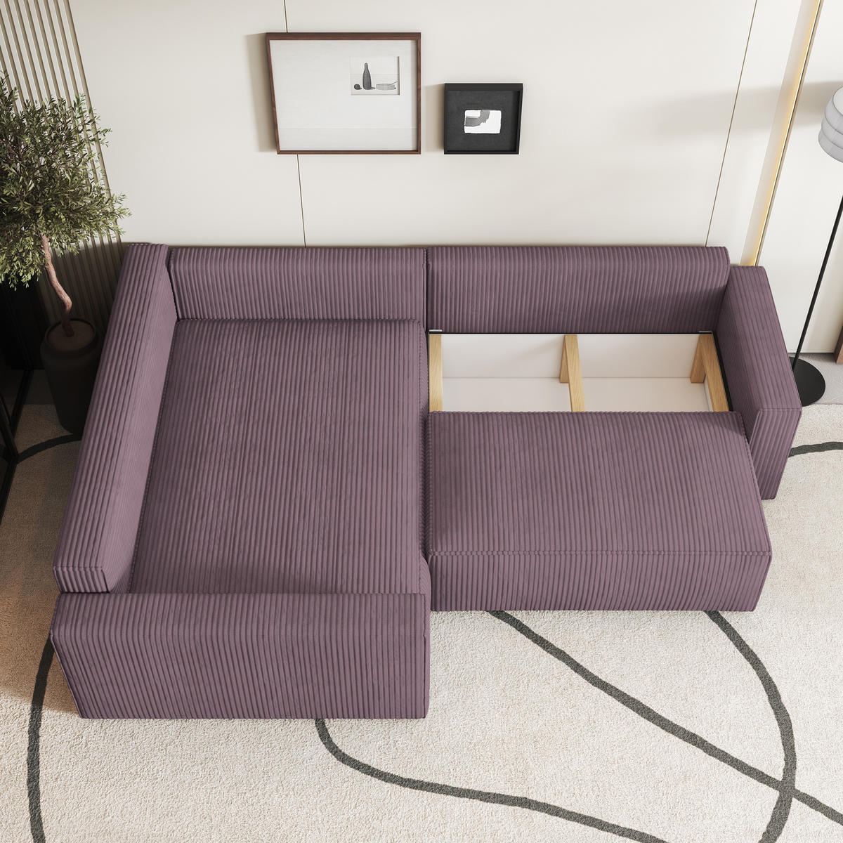 ECKSOFA ERONIS L-S Lila Kordstoff mit Schlaffunktion - Lila, Holz (265/194cm) - MASSENO