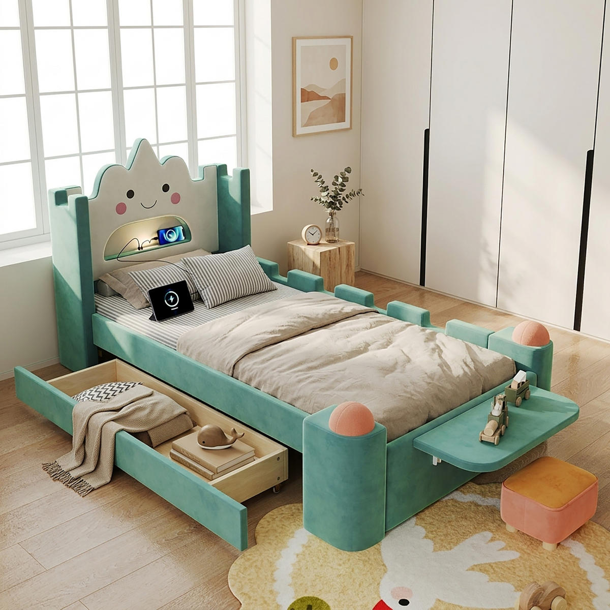 KINDERBETT 90/200 cm in Blaugrün mit Schublade, Ablage, USB und Leselampe Samt - Türkis, Holzwerkstoff/Textil (90/200cm) - CHICFURN