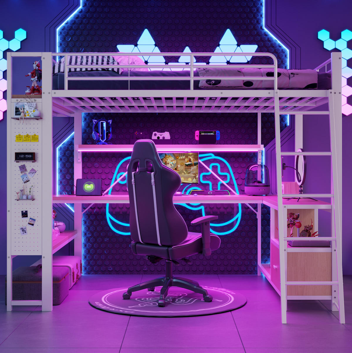 HOCHBETT aus Metall und MDF 140x200 cm Weiß mit Schreibtisch, LED-Beleuchtung, USB-Anschlüssen und Stauraum - Weiß, Metall (140/200cm) - IVMEU
