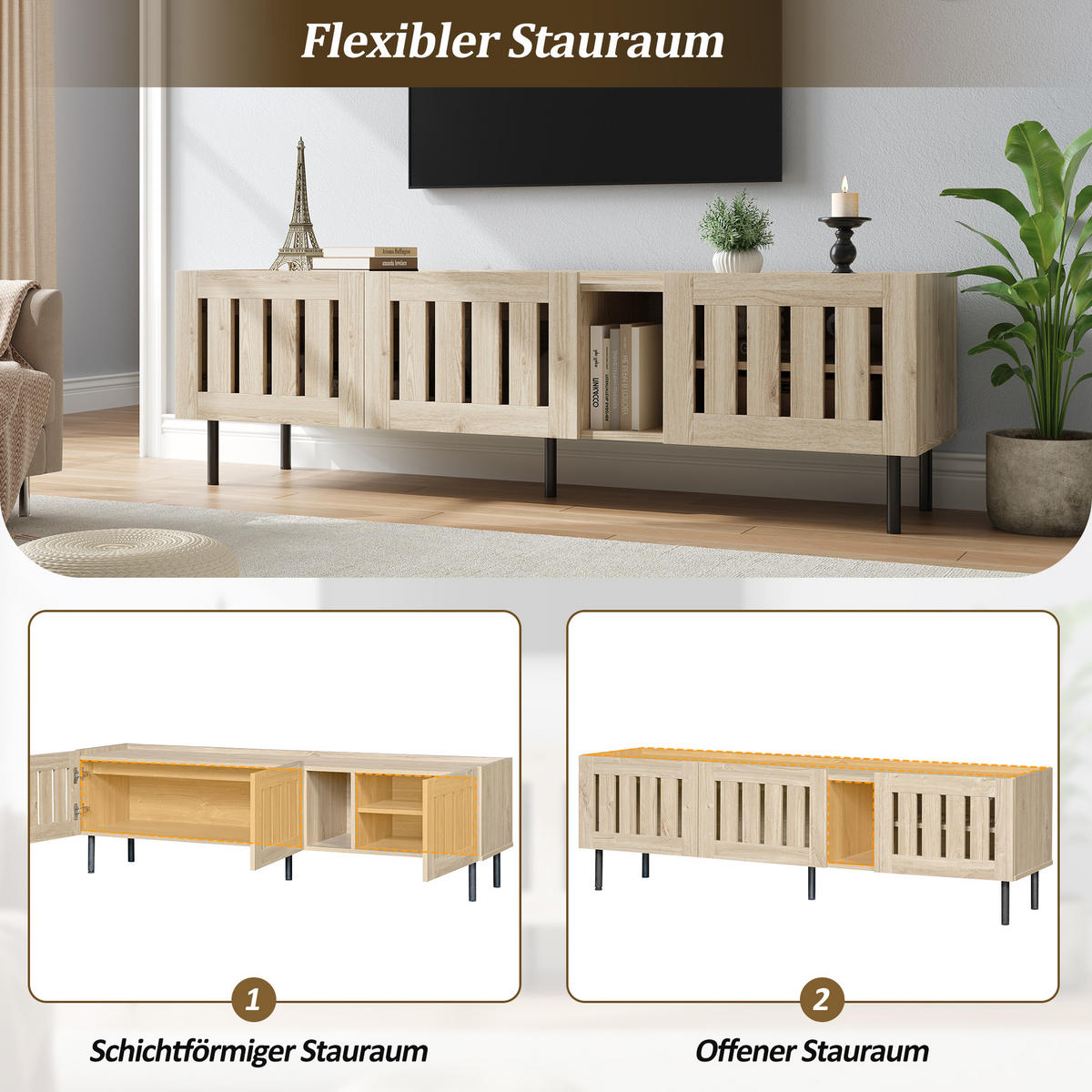 TV-LOWBOARD 160x40x47 cm Naturholz Minimalistisch 2 Schränke - Naturfarben, Holzwerkstoff (40/47/160cm) - FLIEKS