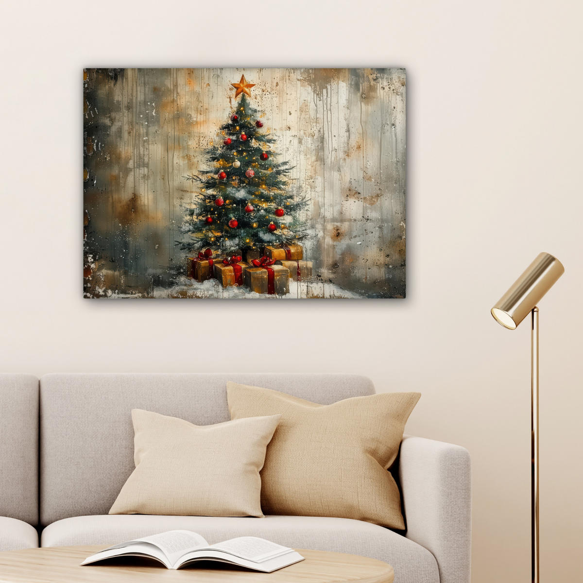 LEINWANDBILD Weihnachtsbaum - Vintage - Weihnachten - Geschenk Wandbilder 80x60 cm - Rostfarben, Textil (80/60cm) - MuchoWow