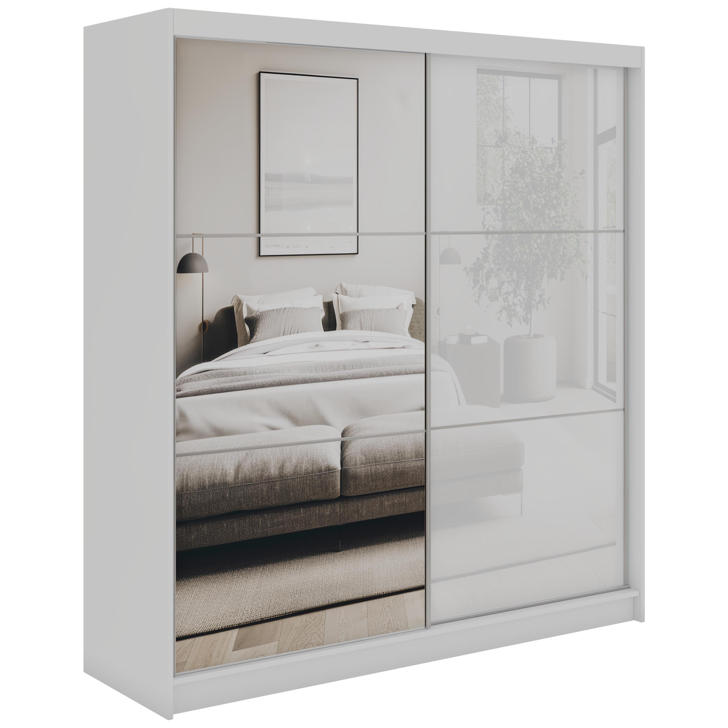 SCHWEBETÜRENSCHRANK mit Spiegel - WALENCJA - 200 - Weiß lacobel - Alufarben/Weiß, Holzwerkstoff/Metall (200/216/61cm) - MKS