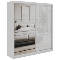 SCHWEBETÜRENSCHRANK mit Spiegel - WALENCJA - 200 - Weiß lacobel - Alufarben/Weiß, Holzwerkstoff/Metall (200/216/61cm) - MKS
