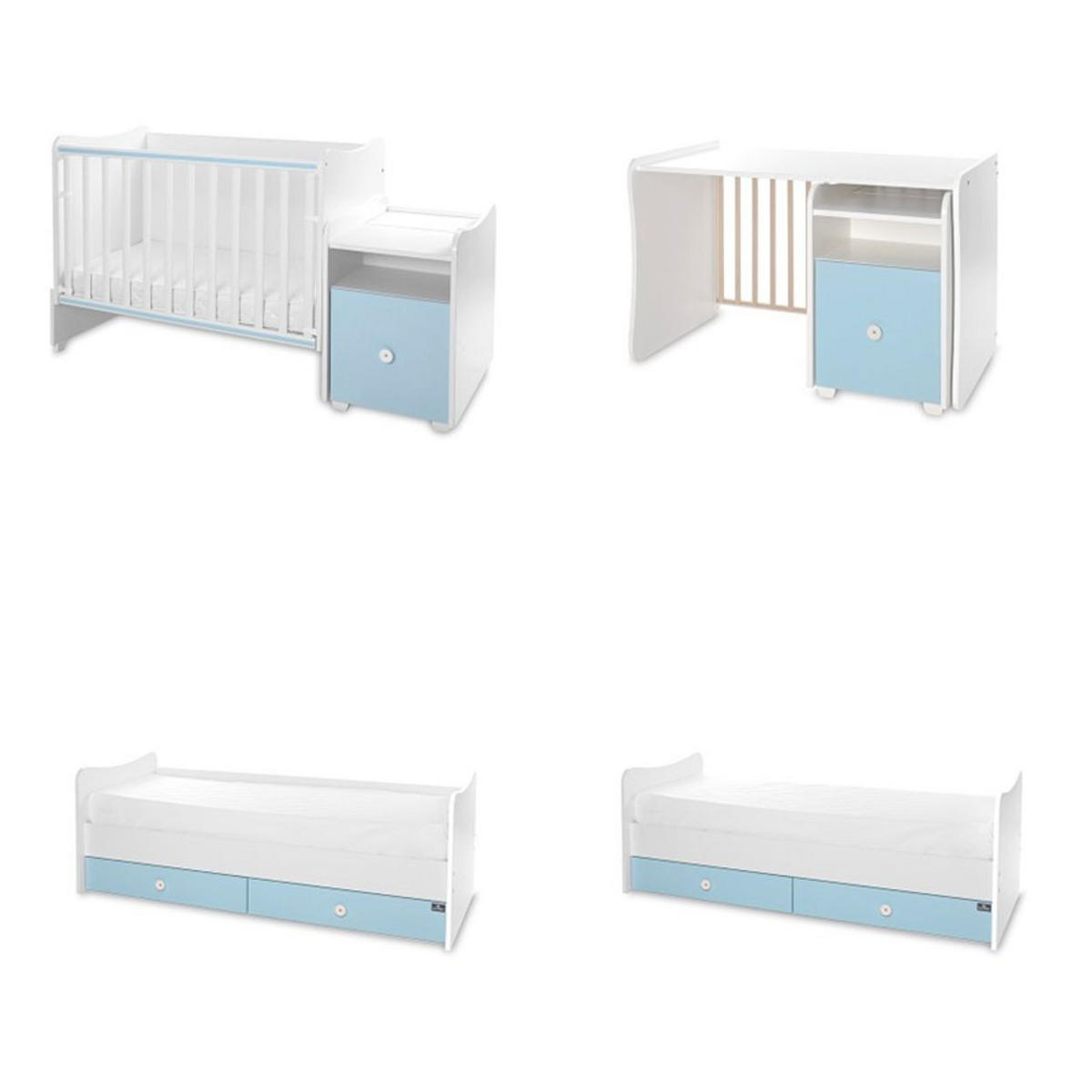BABYBETT Trend Plus weiß blau 110 x 62 cm, 70 x 160 cm, Schaukelfunktion, Kommode, Schubladen - Blau, Holzwerkstoff (62/110cm) - Lorelli
