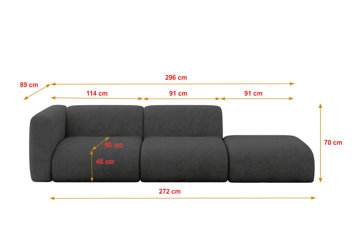 SOFA Ottomane Links MIRA-S3 296x89x70 Dunkelgrau Velours - Dunkelgrau/Schwarz, Holzwerkstoff/Kunststoff (296/70/89cm) - ALTDECOR