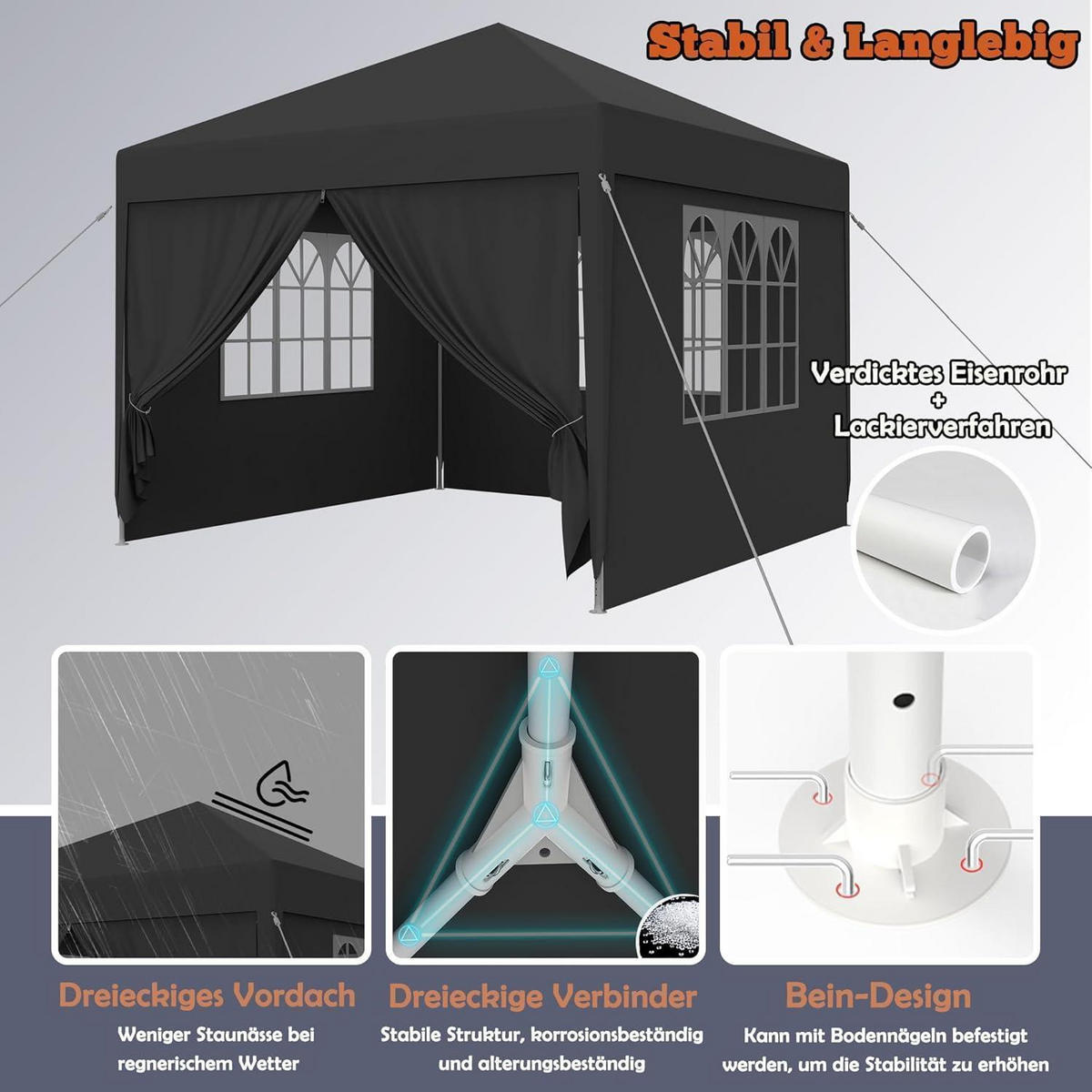 GARTENPAVILLON 3x3m Anthrazit Wasserdicht UV-Schutz mit Seitenteilen und Fenstern - Schwarz, Kunststoff (300/250/300cm)