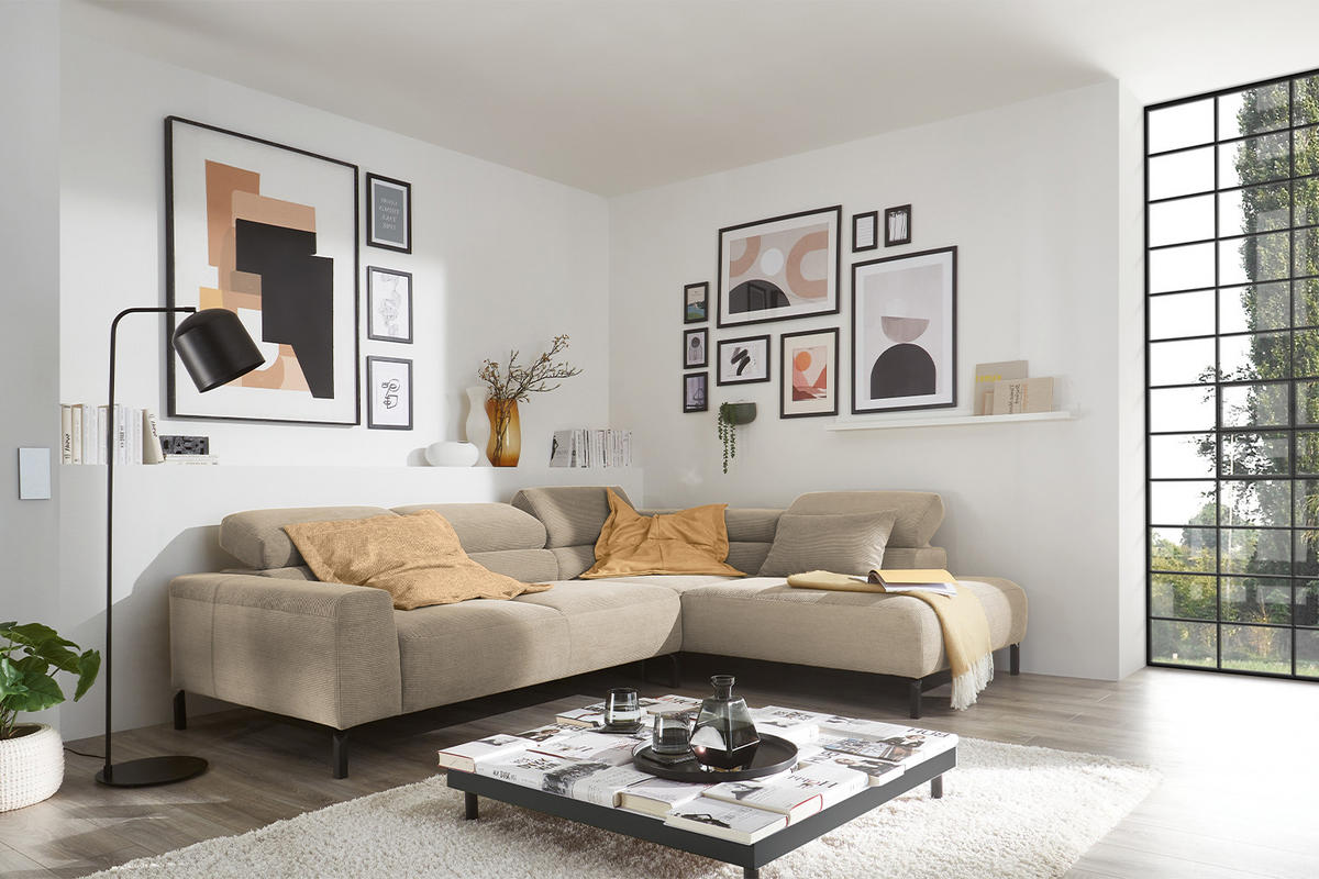 ECKSOFA DELIA Beige Cord - Beige/Schwarz, Textil/Metall (276/219cm) - KAWOLA