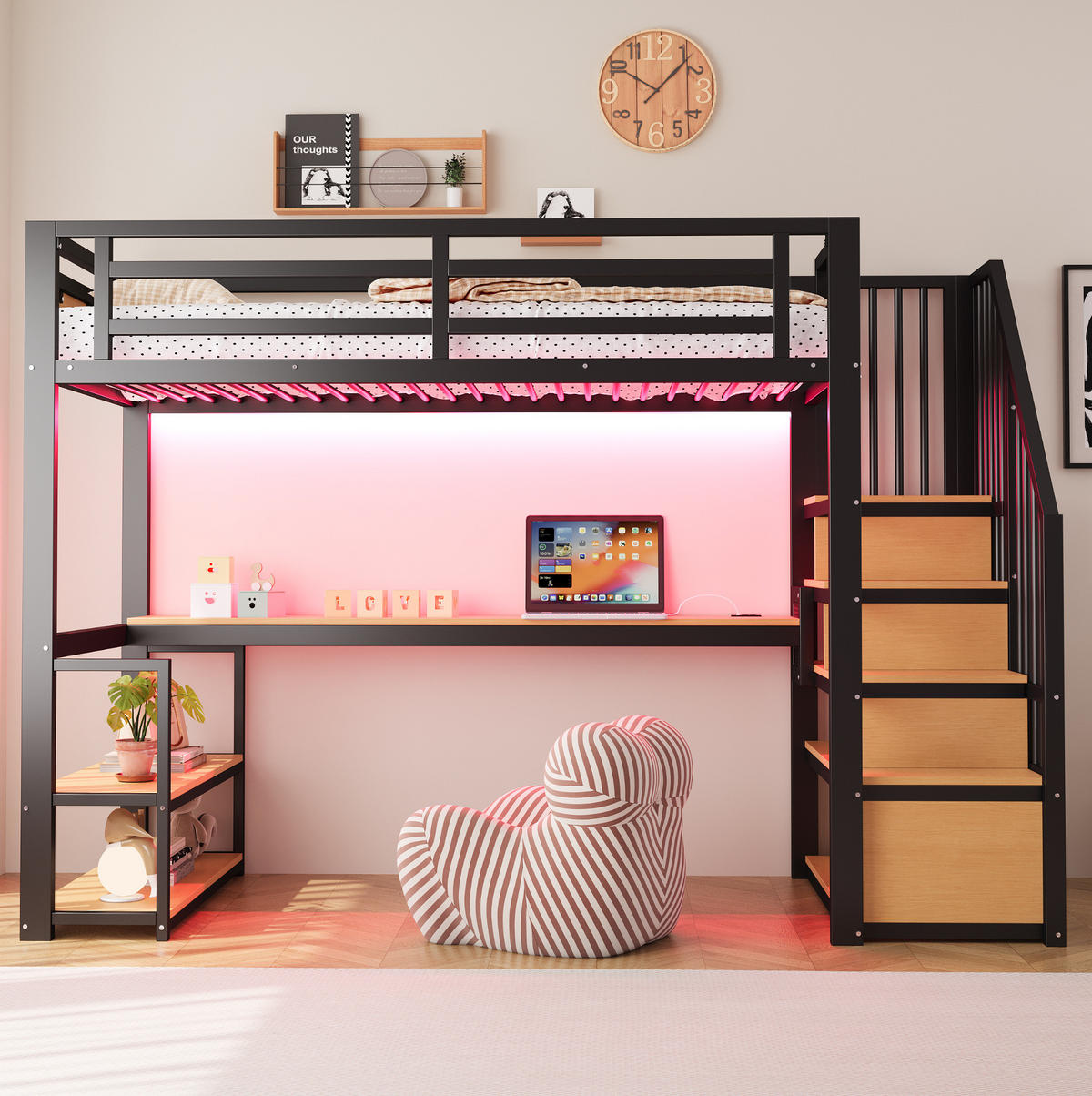 HOCHBETT 90/200 cm aus Metall mit LED-Lichtleiste, Steckdose, Tisch, Regalen und Aufbewahrungsleiter, Schwarz - Schwarz, Metall (90/200cm) - Redom