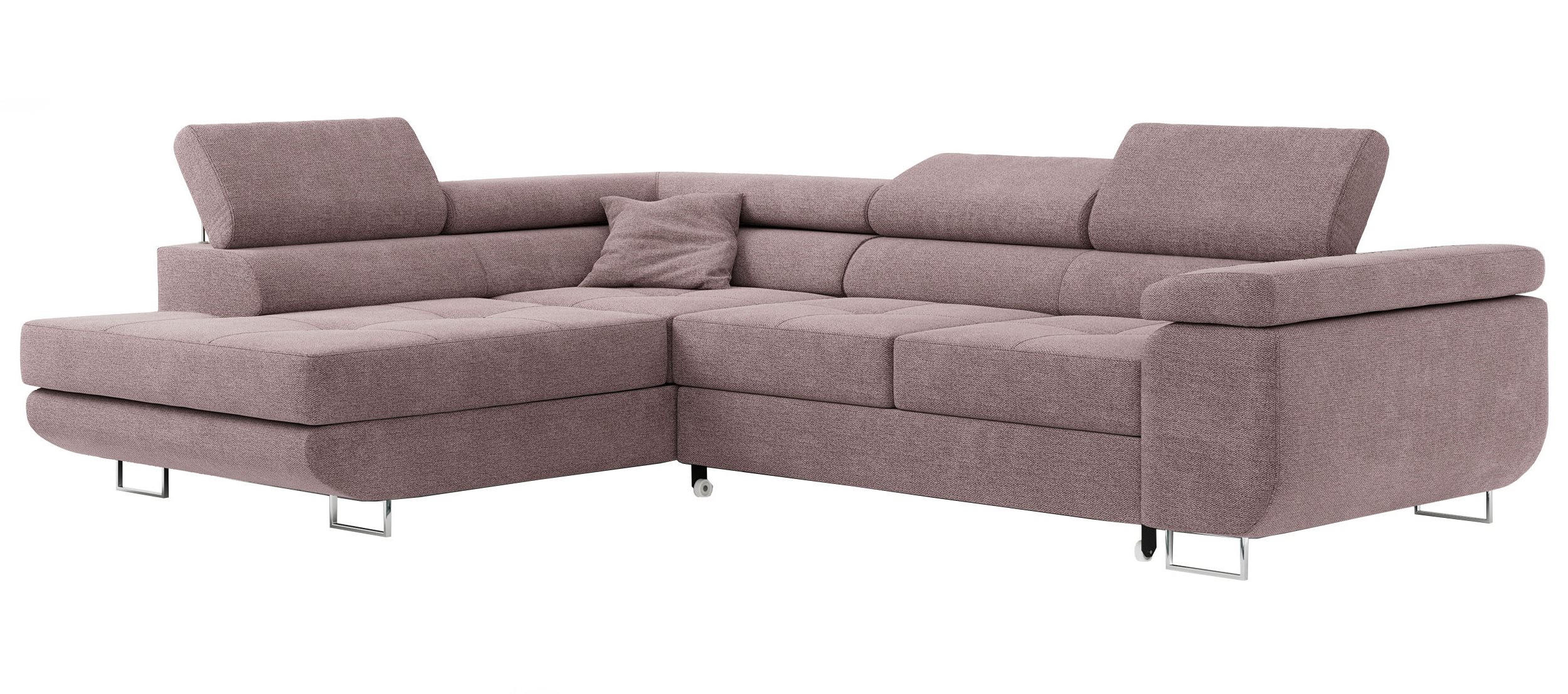 ROHOVÁ SEDAČKA GUSTAW L - Světle růžová Strukturovaná látka - Pravá Strana - stříbrná/světle růžová, kov/textil (205/275cm) - MKS