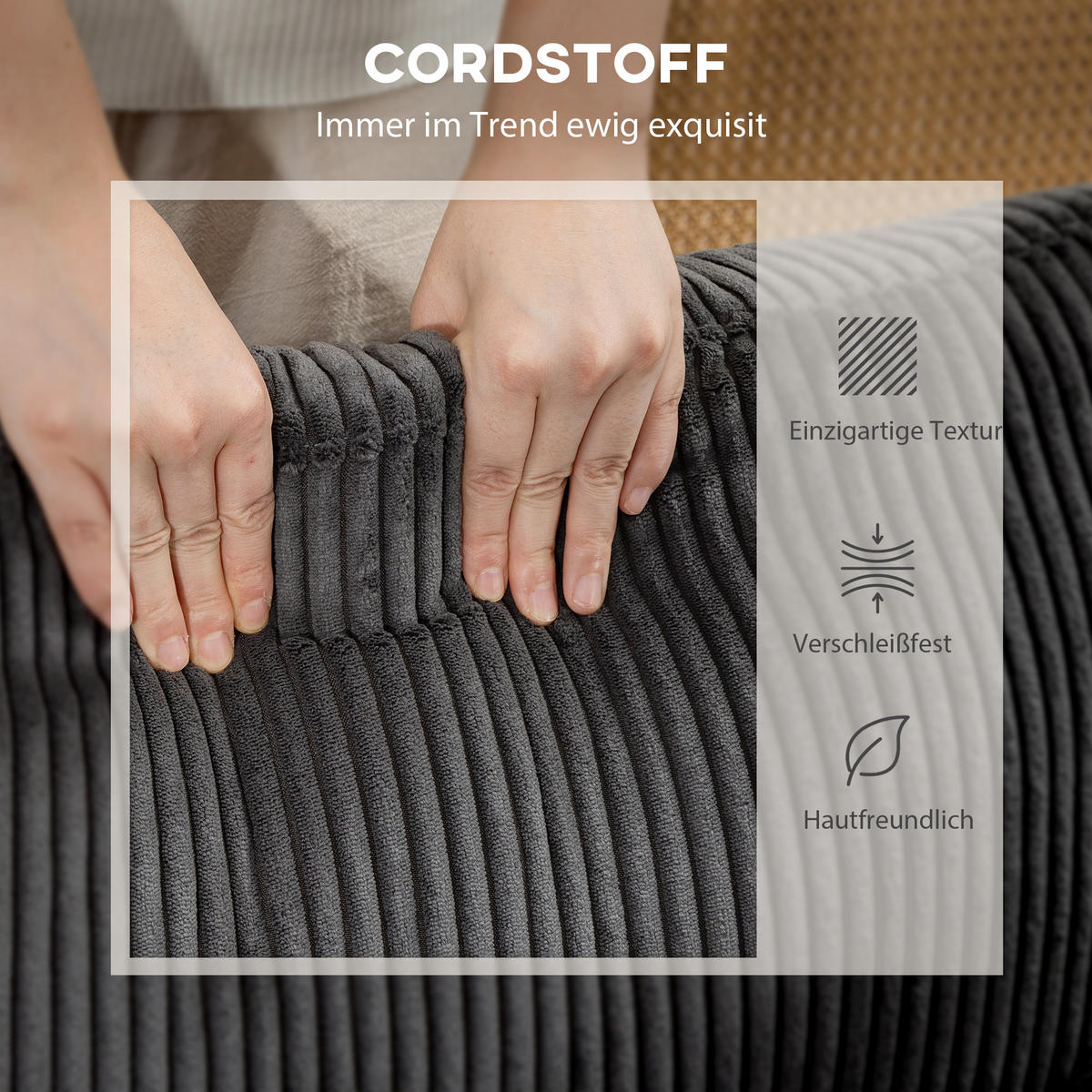 ECKSOFA U-FORM DE-06612 Sofa mit Federpolsterung, beweglicher Ottomane, Cord Dunkelgrau - Dunkelgrau, Holz/Textil (224/292cm) - ComfortXL