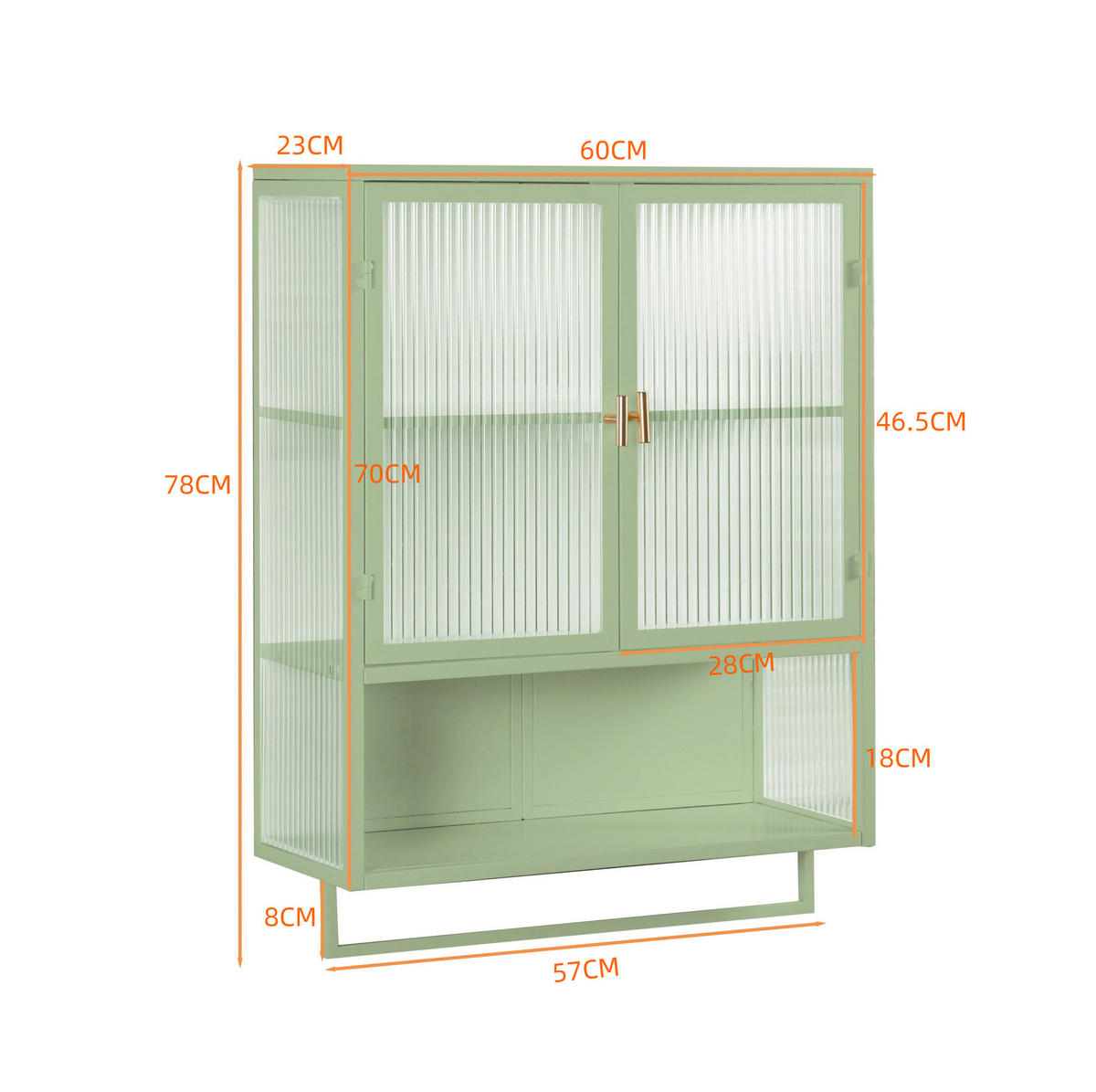KÜCHENOBERSCHRANK 60/23/78 cm mit 2 Glastüren, offenem Fach und Handtuchhalter aus Glas und Metall, Grün - Grün, Glas (60/78/23cm) - Redom