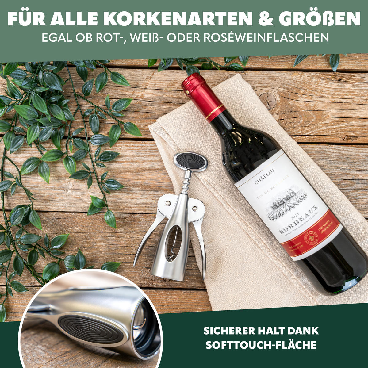 KORKENZIEHER, silber, Kunststoff - Zinkfarben, Metall (4.5cm) - bremermann
