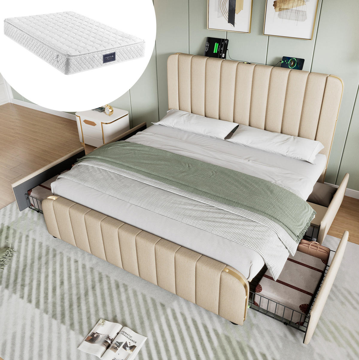 POLSTERBETT mit USB/Typ-C und 4 Schubladen 160x200 cm Leinen Beige inkl. Matratze - Beige, Metall (160/200cm) - Meubliv