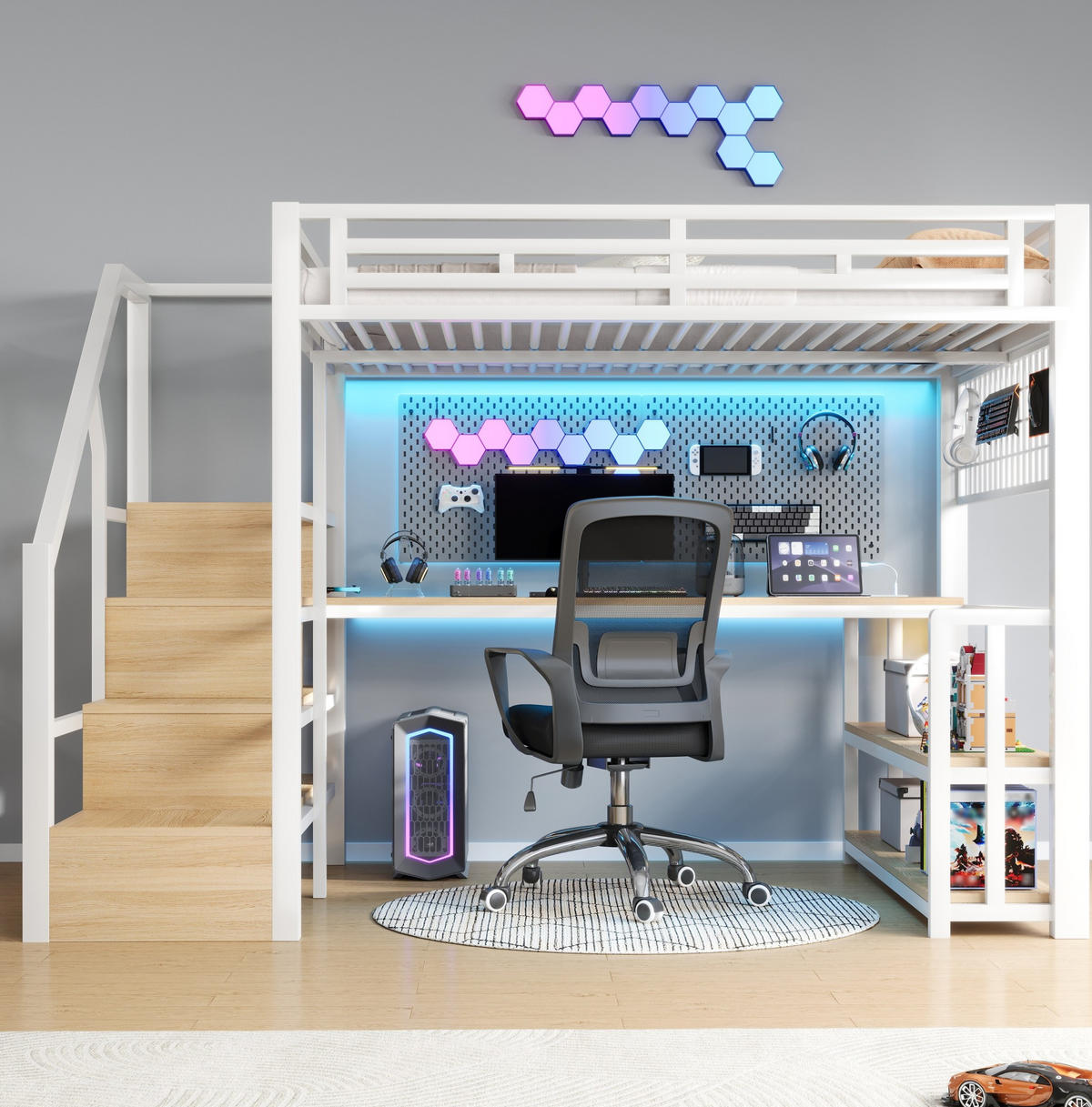 HOCHBETT 140/200 cm mit Schreibtisch, LED-Lichtleiste, USB und Stauraumtreppe aus Metall/MDF, Weiß - Weiß, Metall (140/200cm) - Redom