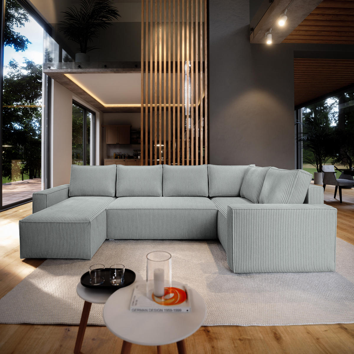 ROHOVÁ SEDAČKA NORENA světle šedá - šedá/světle šedá, dřevo/textil (295/157.5cm) - MASSENO