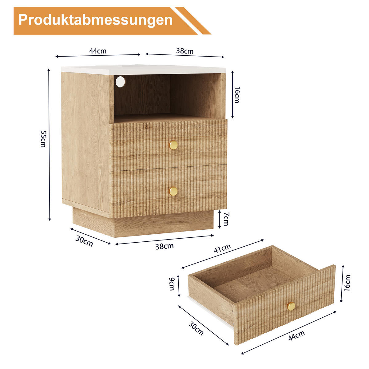 NACHTTISCH Eichenoptik mit LED-Licht & Ladefunktion (2er Set) - Eichefarben, Holzwerkstoff (38/55/44cm) - SHOPENTRA