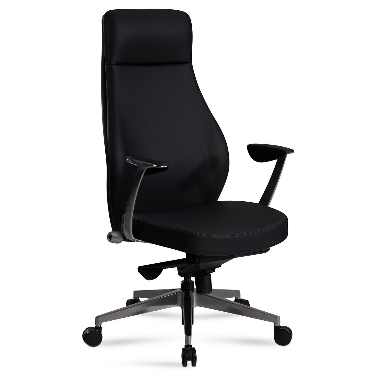 BÜROSTUHL Kunstleder bis 120 kg mit Wippmechanik, Armlehnen und hoher Rückenlehne, Schwarz 74x74x125 cm - Silberfarben/Schwarz, Textil/Metall (74/125/74cm) - KADIMA DESIGN