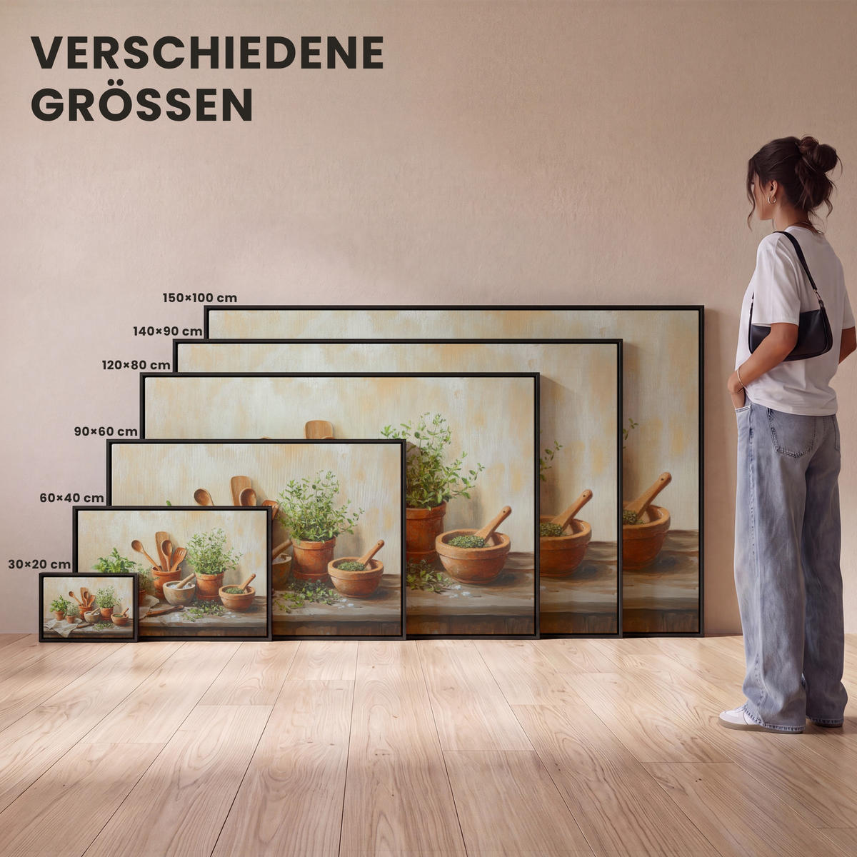 LEINWAND Bilder mit Rahmen - Töpfe - Kräuter - Holz - 150x100 - Terracotta, Textil (150/100cm) - MuchoWow