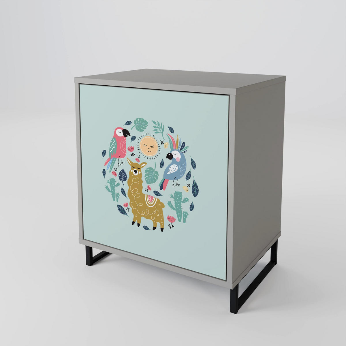 SIDEBOARD COLORFUL ALPACAS, Grau, 57,5x42x77,5 cm, Schräge Buchenholzfüße - Buchefarben/Multicolor, Holzwerkstoff/Buchenholz (57.5/77.5/42cm) - SpaceRebels