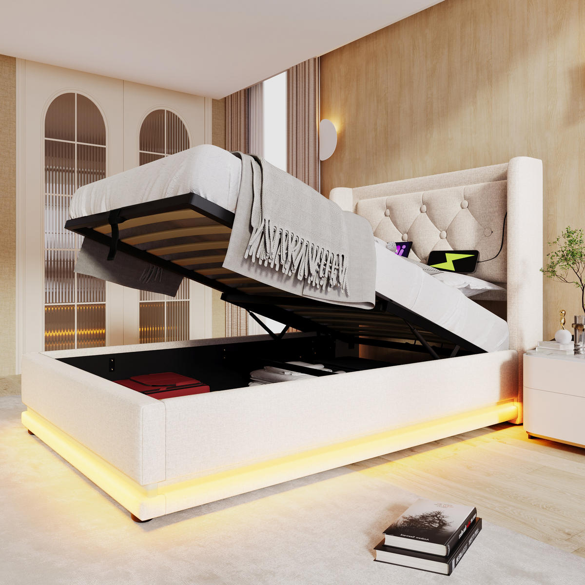 POLSTERBETT 90/200 cm mit hydraulischem Bettkasten, USB/Typ-C & 3-seitiger LED, Beige - Beige, Textil (90/200cm) - Redom