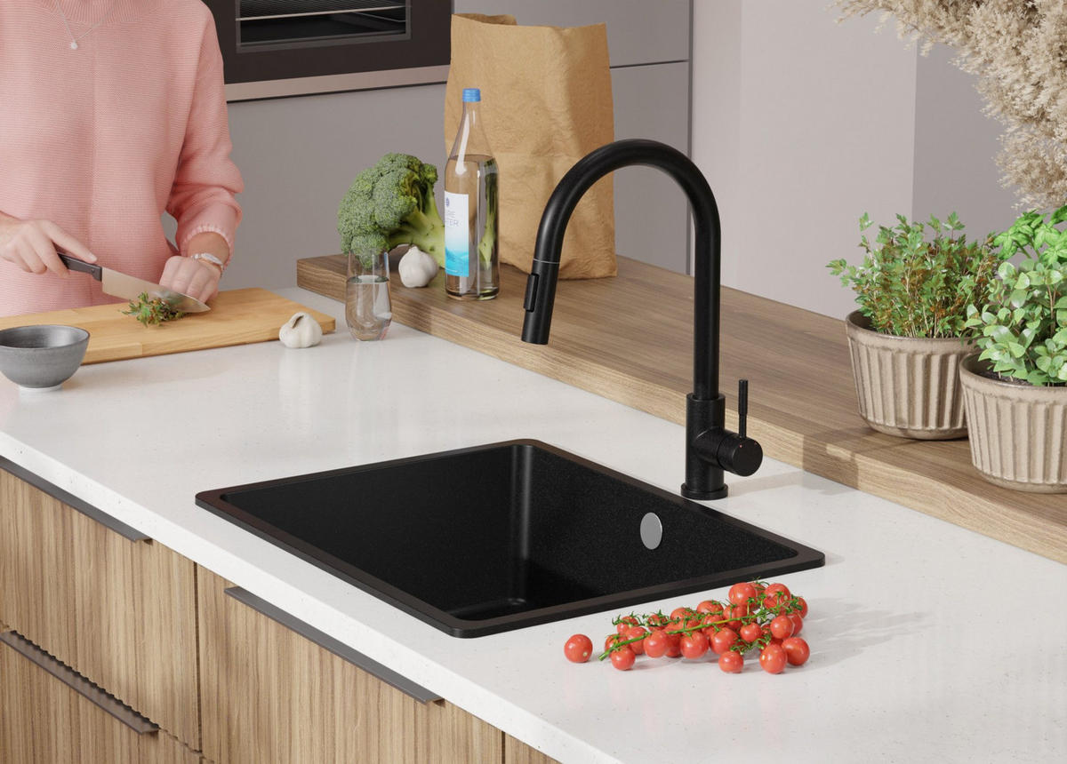 SPÜLBECKEN Venedig Slim Easy, 2-er set Alles Schwarz 56/44 cm 1 Becken + Ablauf-Set ab 60er Unterschrank - Schwarz, Kunststoff (56/20/44cm) - Primagran