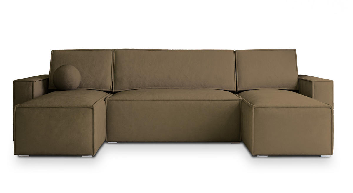 WOHNLANDSCHAFT PESANO M Beige Velours-Stoff mit Schlaffunktion - Beige, Holz (306/85/140cm) - MASSENO