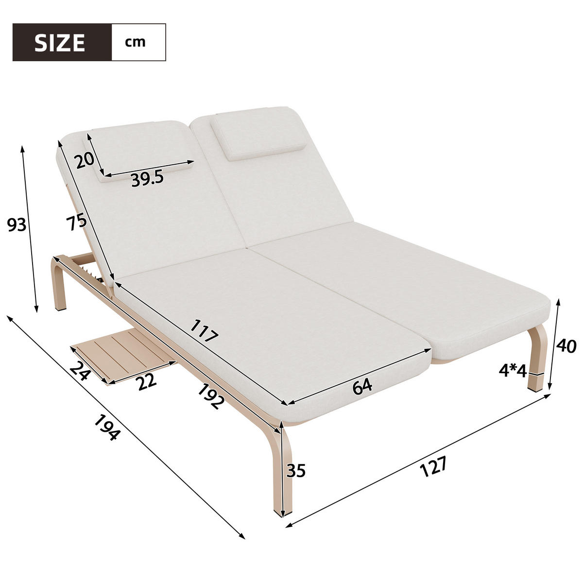 SONNENLIEGE aus Polyester in Beige mit ausziehbarer Tischplatte & Kopfstütze - Beige, Metall (127/93/194cm) - Modfu
