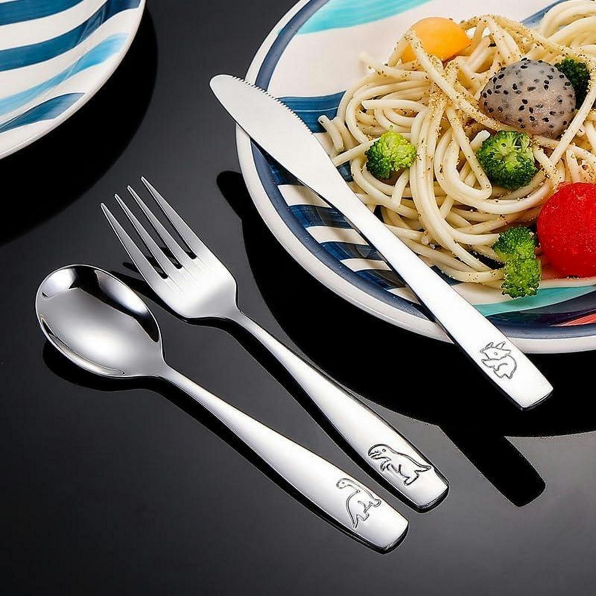 KINDERBESTECK 3-teiliges Set Edelstahl mit Motiven - Silberfarben, Metall