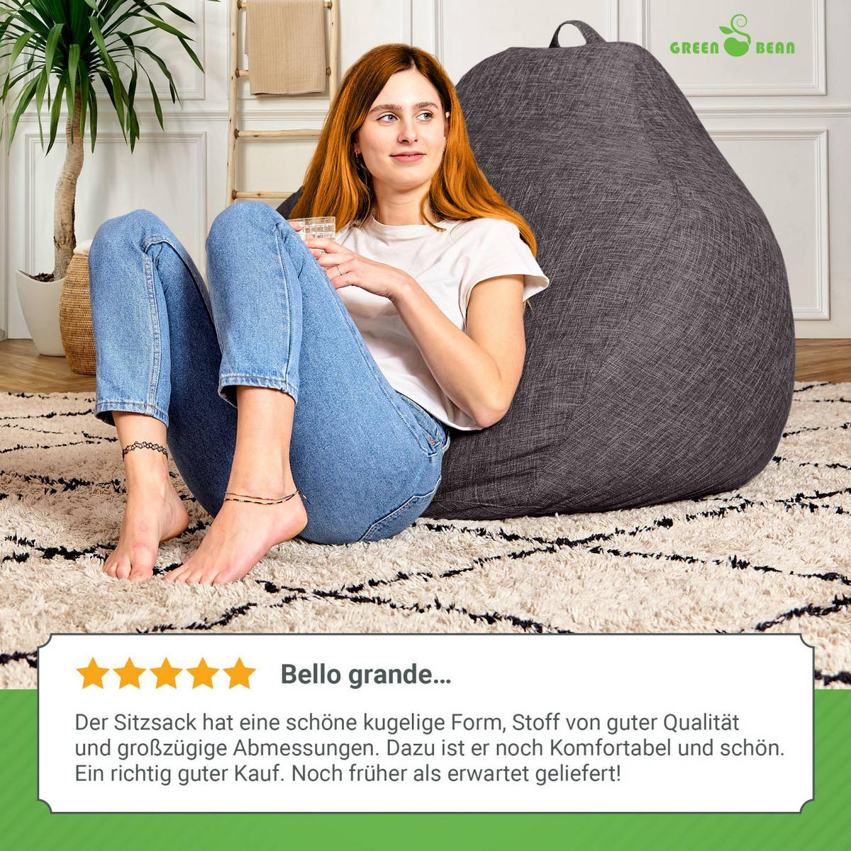 SITZSACK Indoor "Home Linen" - 300 Liter - Dunkelgrau, Textil (100/120/50cm) - Green Bean