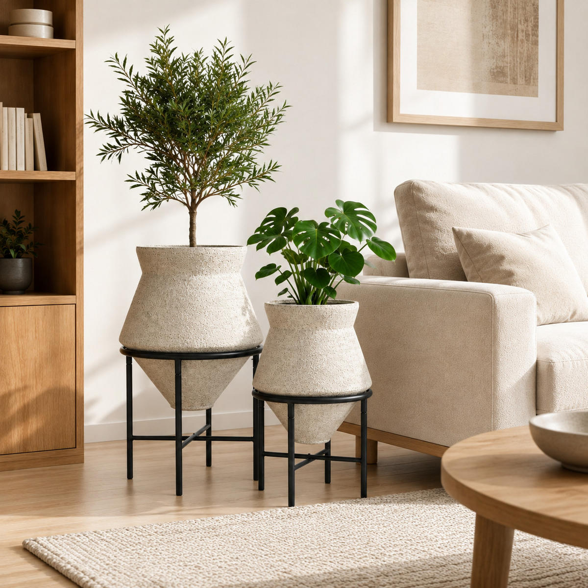BLUMENTOPF Set 2er aus Eisen, Durchmesser 31& 25cm Für Innenbereich - Beige, Metall (40/62/40cm) - Hometopia