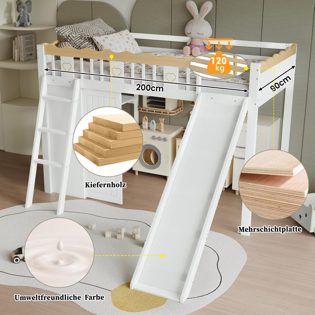 HOCHBETT 90x200 cm Rutsche Schrank Stauraum - Weiß, Holz (90/200cm) - LEBENLANG