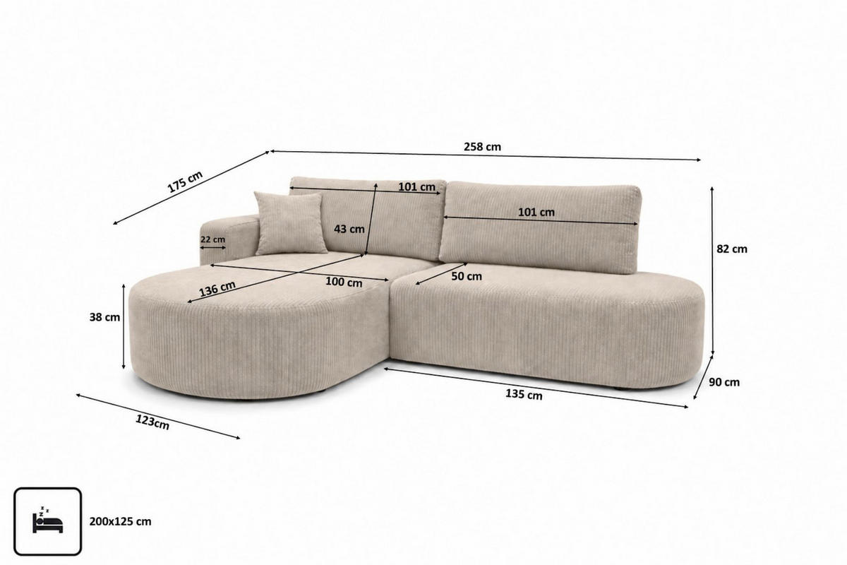 ECKSOFA Mit Schlaffunktion Und Bettkasten, Cordstoff Poso, Dunkelbeige, Links, ROUND ONE OPEN XL - Beige, Holz (258/175cm) - Kaiser Möbel
