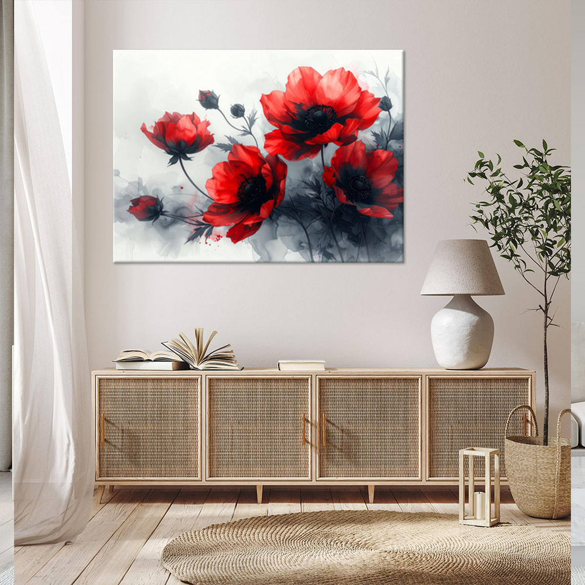 BILD auf Leinwand, Rote Blumen in einer ausdrucksstarken malerischen Komposition - Rot, Textil (45/30cm) - Feeby