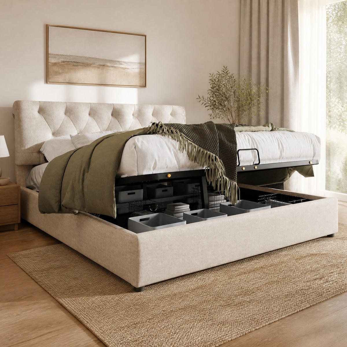 POLSTERBETT 160/200 mit hydraulischem Bettkasten, verstellbarem Kopfteil und Metallrahmen in Natur - Beige, Holzwerkstoff/Textil (160/200cm) - EVRYAE